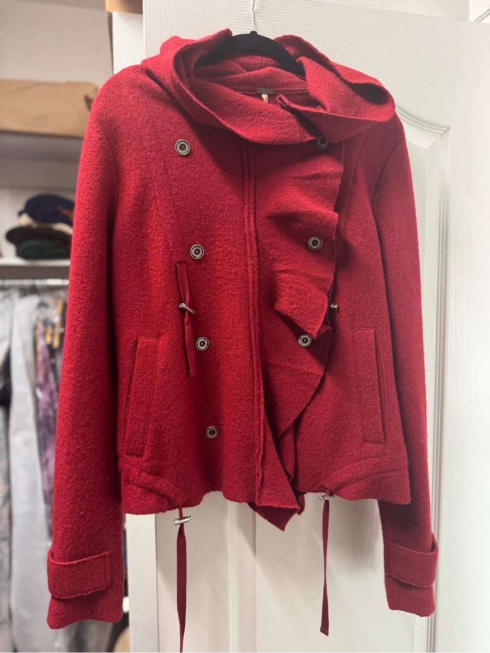 Free People Red Ruffle-Front Pea Coat with Hood